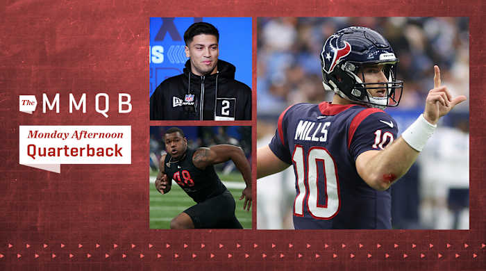 Houston Texans quarterback Davis Mills (10) signals for the team to go for a two point conversion against the Tennessee Titans. Georgia defensive lineman Travon Walker (DL48) goes through drills during the 2022 NFL Scouting Combine at Lucas Oil Stadium. Mississippi Rebels quarterback Matt Corral (2) during the NFL Combine at the Indiana Convention Center.
